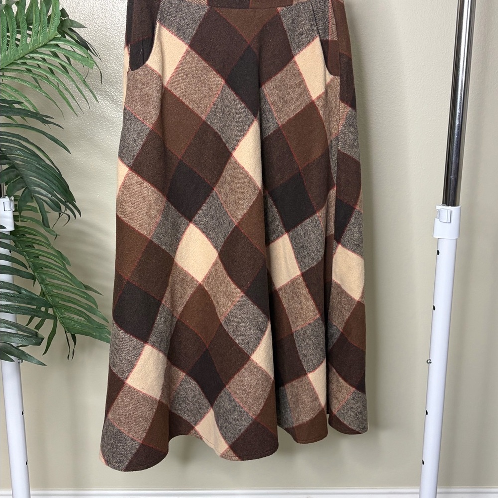 Plaid A-Line Midi Skirt Brown Tan Wool Blend High Waisted Fall Winter XS